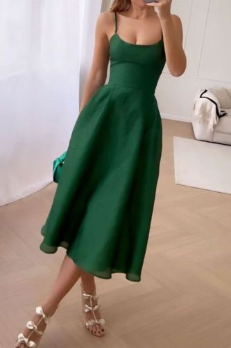 Women's Summer Fashion Elegant Solid Color Square Neck Slim Fit Maxi Dress