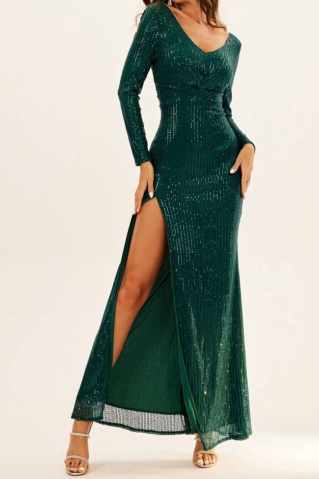 Fashion Sequin Long Sleeve V Neck Sexy Party Slim Wedding Banquet Dress