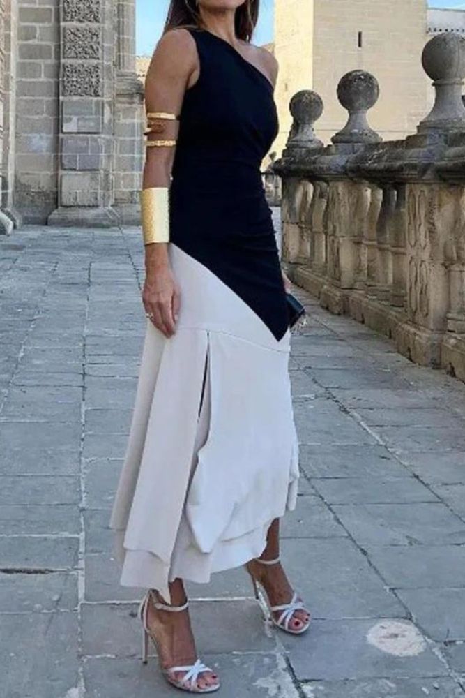 Summer Fashion Elegant Slanted Shoulder Sleeveless Slit Beach Party Maxi Dress