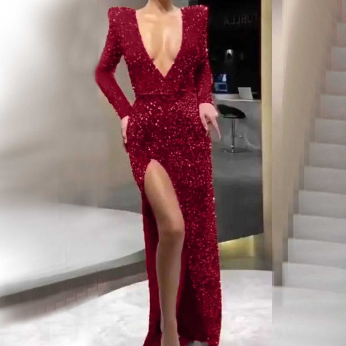 Stylish Elegant Luxurious Deep V Long Sleeve Sequin Slit Formal Wedding Maxi Dress