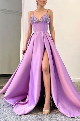 Women's Fashion Deep V Sequins Camisole Sexy Party Slit Wedding Guest Dress