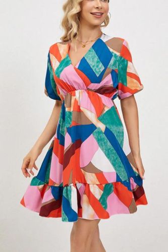 Elegant V Neck Short Sleeve Pleated Beach Ruffle Casual Printed Mini Dress