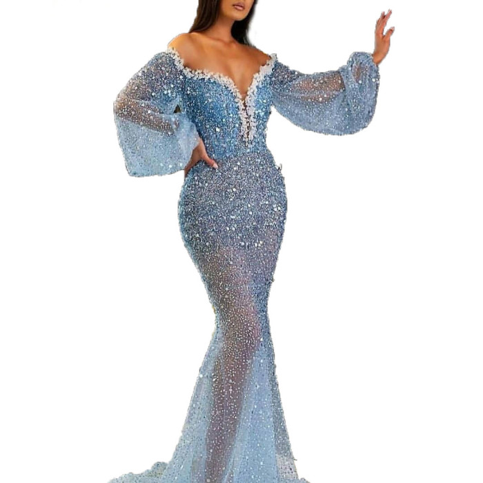 Women's Fashion Casual Elegant V-Neck See-Through Mermaid Wedding Guest Dress