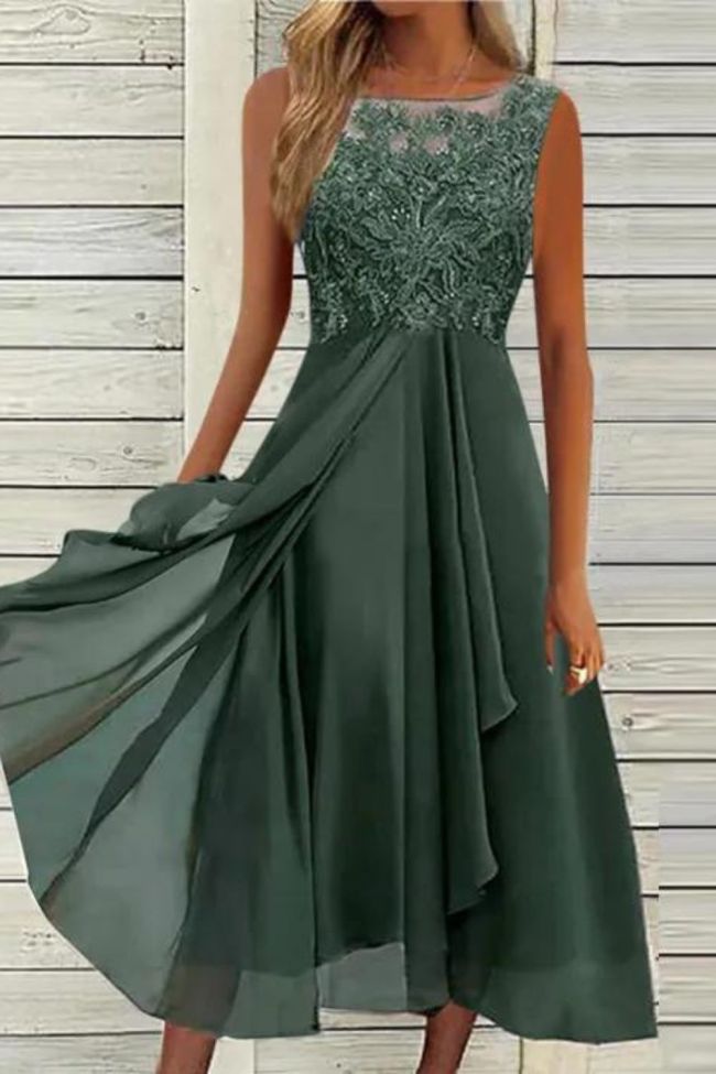 Elegant Fashion Party O Neck Lace Sleeveless Prom A Line Boho Maxi Dress