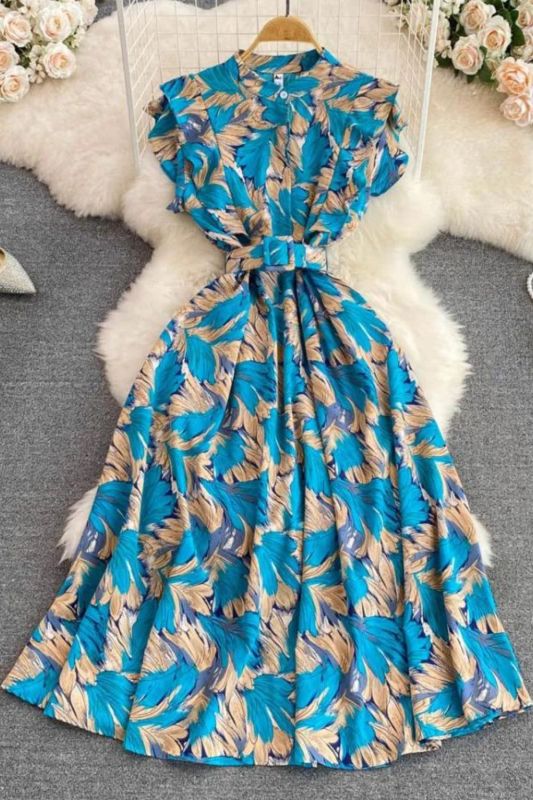 Women Summer Stand Collar Print Elegant High Waist Fashion Party  Maxi Dress