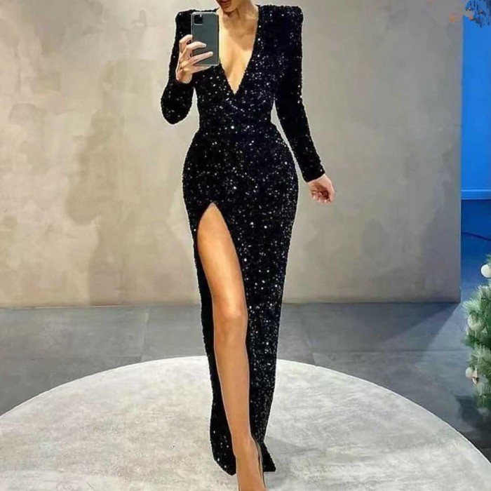 Stylish Elegant Luxurious Deep V Long Sleeve Sequin Slit Formal Wedding Maxi Dress