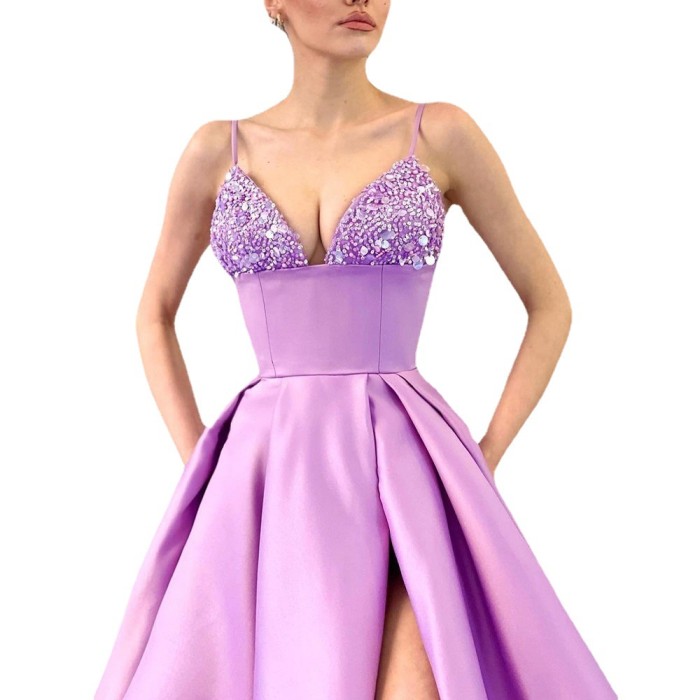 Women's Fashion Deep V Sequins Camisole Sexy Party Slit Wedding Guest Dress