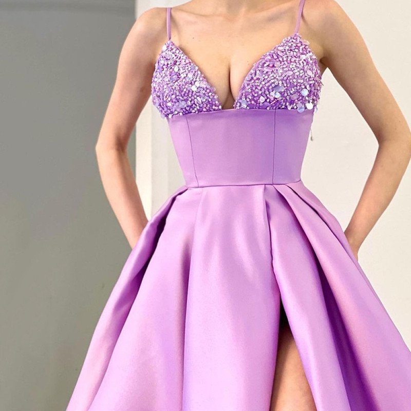 Women's Fashion Deep V Sequins Camisole Sexy Party Slit Wedding Guest Dress