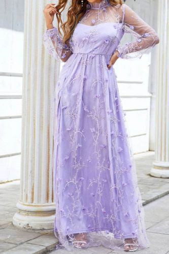 Women's Sexy Purple Mesh Three-dimensional Flower Slim Party Wedding Guest Dress