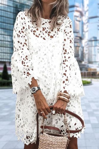 Elegant Embroidered Lace Fashion Casual Loose Solid Color O-Neck Cutout Party Dress
