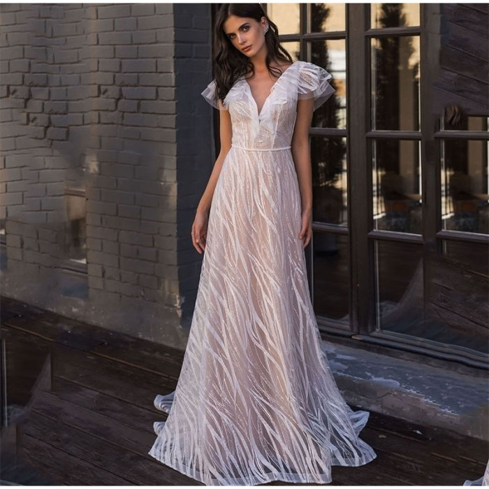 Fashion Elegant V Neck Mesh Wedding Fashion Flying Sleeves Sexy Party Evening Dress