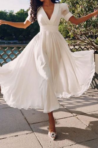 Women's Fashion Casual Solid Color V Neck Loose Elegant Beach  Maxi Dress