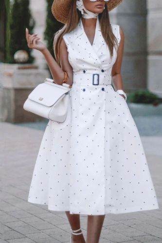 Summer Fashion Lapel Sleeveless Polka Dot Print Slit Slim Fit Office Maxi Dress