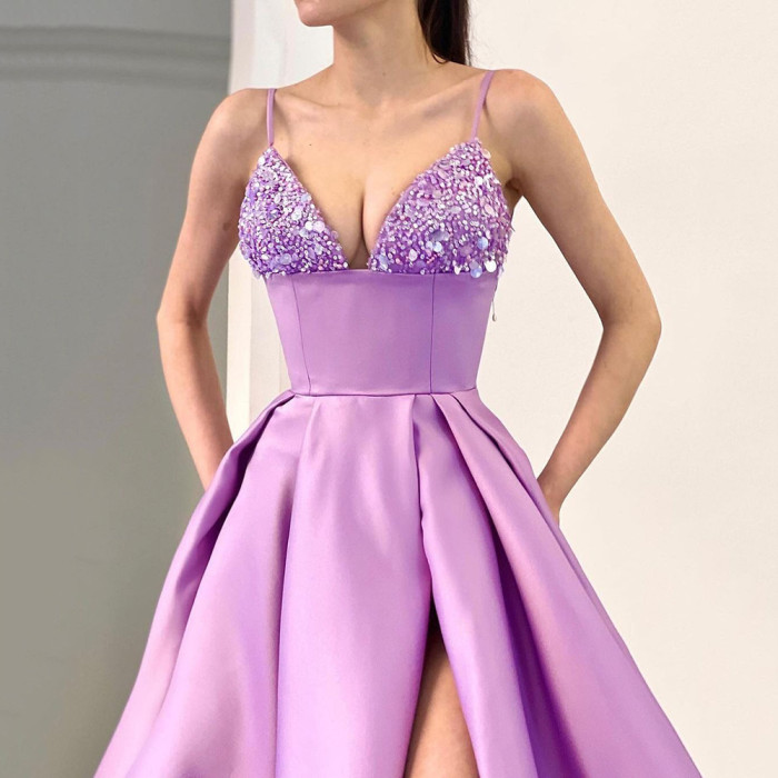 Women's Fashion Deep V Sequins Camisole Sexy Party Slit Wedding Guest Dress