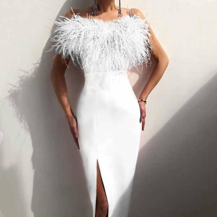 Trendy Strappy Feather Slits Slim Party Party Elegant Design  Maxi Dress