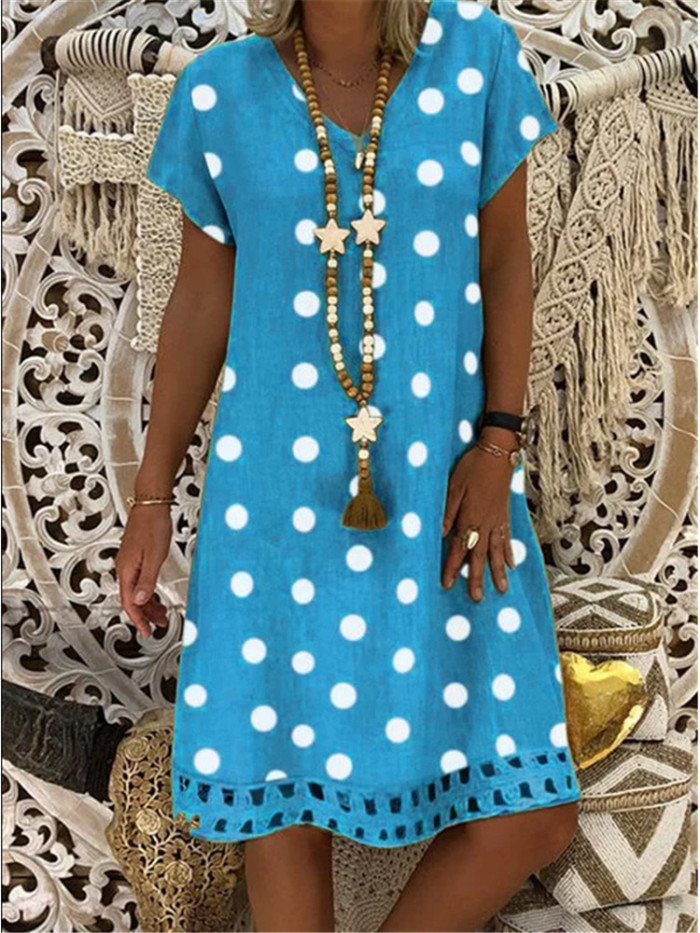 Women's Cotton Linen Casual Lace Polka Dot Comfort Dress