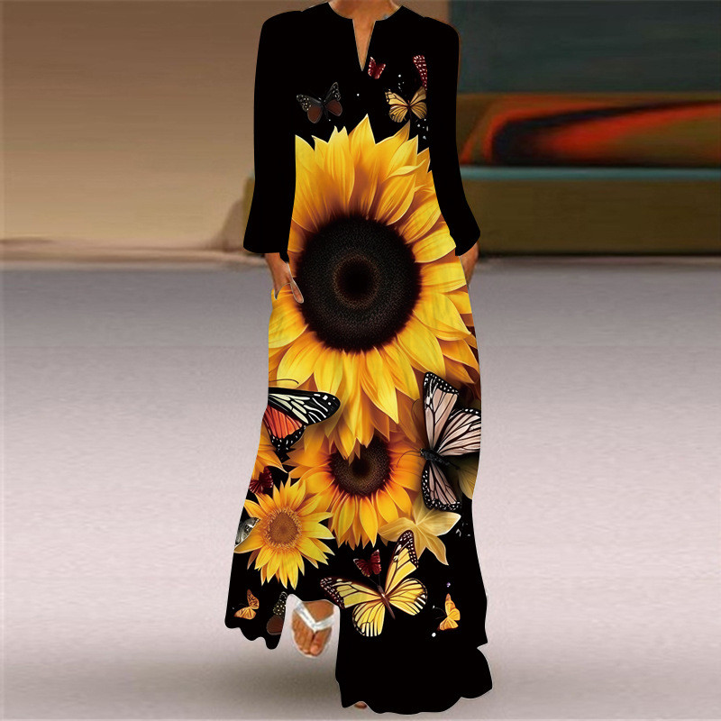 Fashion V Neck Long Sleeve Pocket Print Casual Loose Maxi Dress