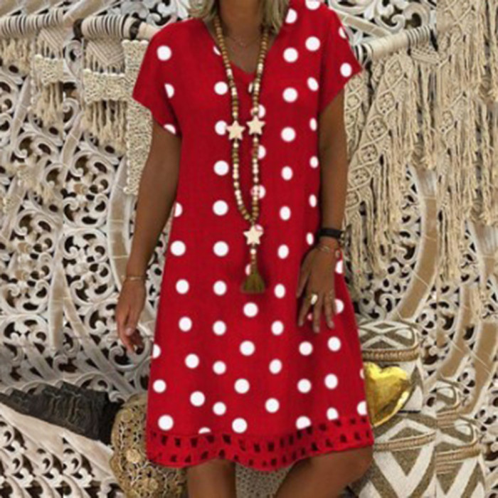 Women's Cotton Linen Casual Lace Polka Dot Comfort Dress