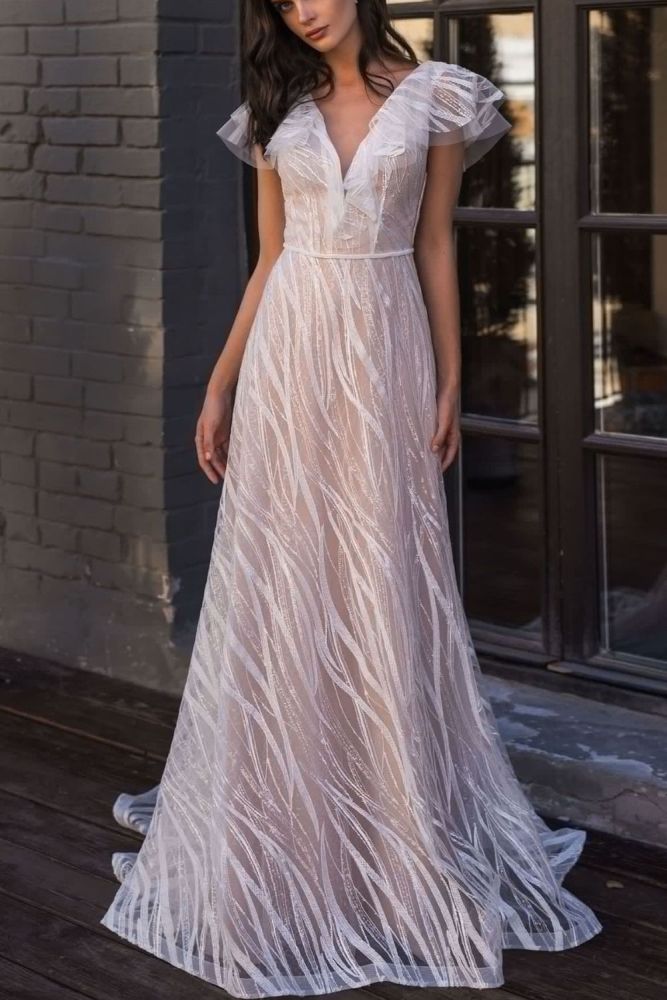 Fashion Elegant V Neck Mesh Wedding Fashion Flying Sleeves Sexy Party Evening Dress