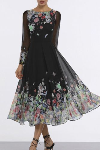 Summer Retro Elegant Black Mesh Long Sleeve See Through Floral Loose Dress
