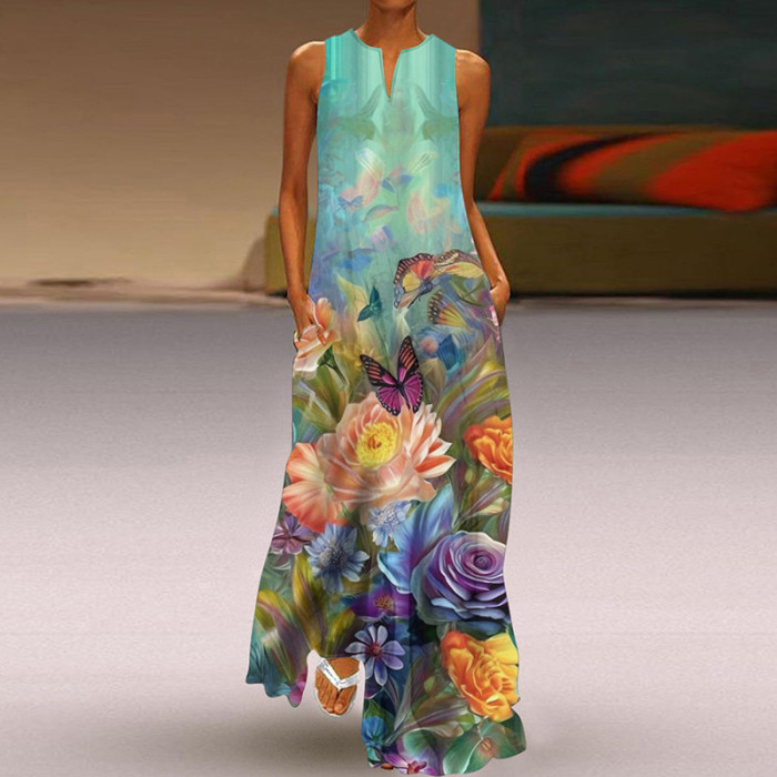 Summer Women's Sleeveless V-Neck Print Sexy Elegant Loose Party  Maxi Dress
