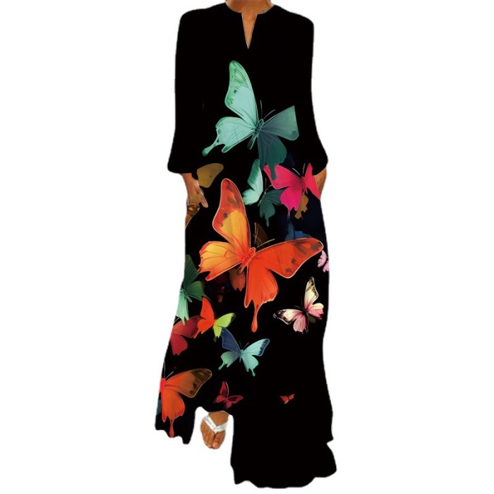 Fashion V Neck Long Sleeve Pocket Print Casual Loose Maxi Dress