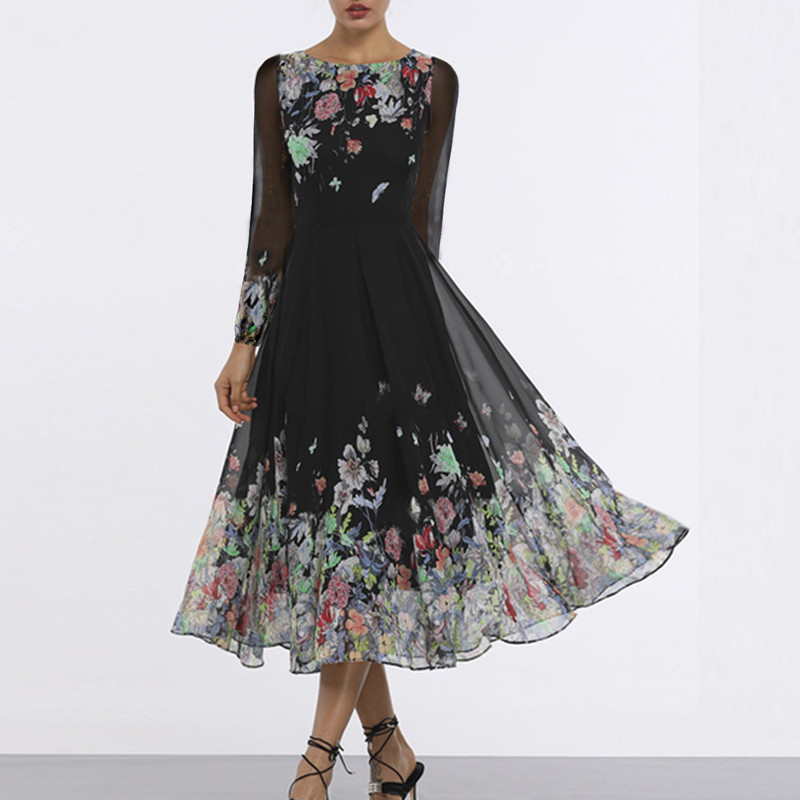 Summer Retro Elegant Black Mesh Long Sleeve See Through Floral Loose Dress