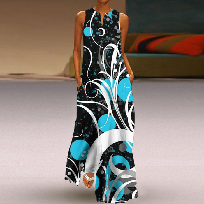 Summer Women's Sleeveless V-Neck Print Sexy Elegant Loose Party  Maxi Dress