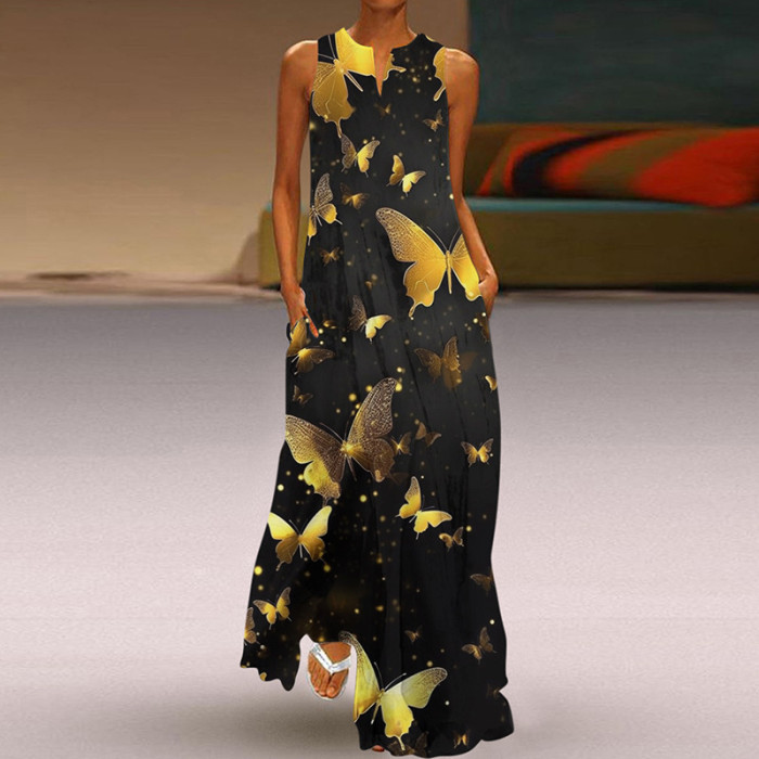Summer Women's Sleeveless V-Neck Print Sexy Elegant Loose Party  Maxi Dress