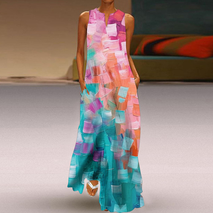 Summer Sexy Women's Printed V-neck Pocket Swing Casual Loose Maxi Dress