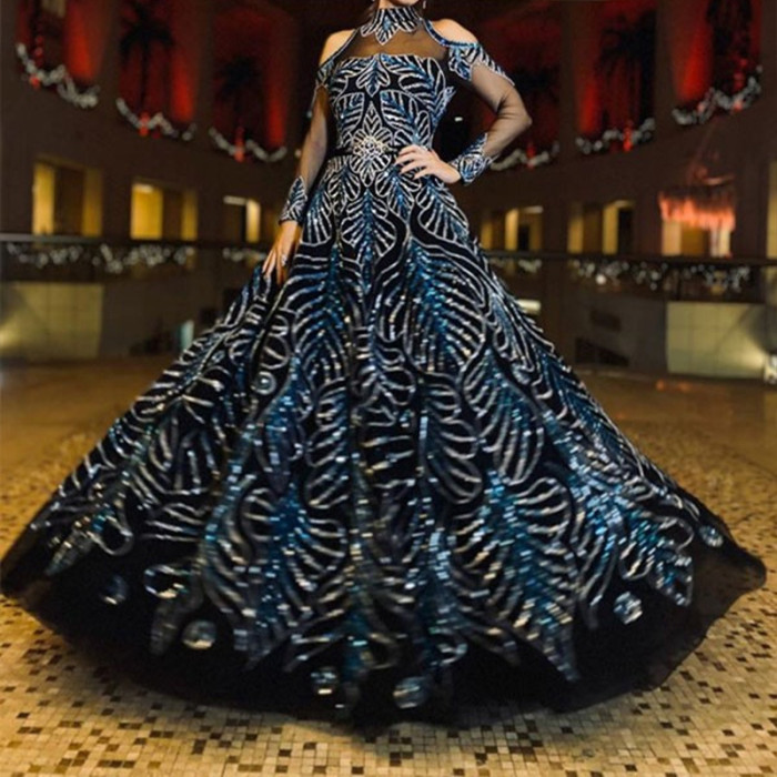 Women's Fashion Bronzing Leaves Swing Sexy Elegant Trailing Banquet Wedding Guest Dress