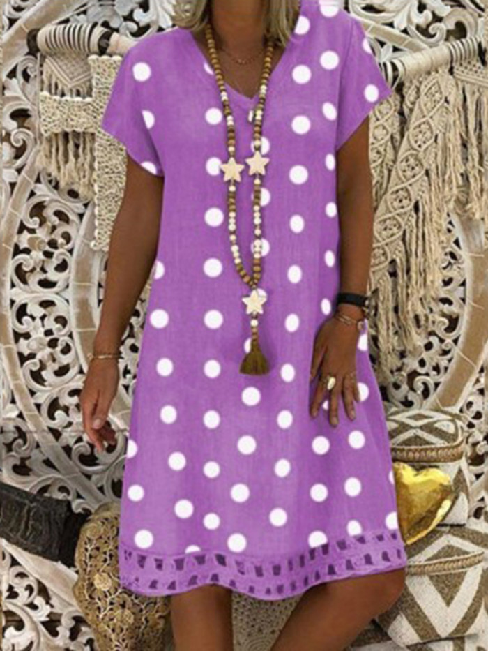 Women's Cotton Linen Casual Lace Polka Dot Comfort Dress