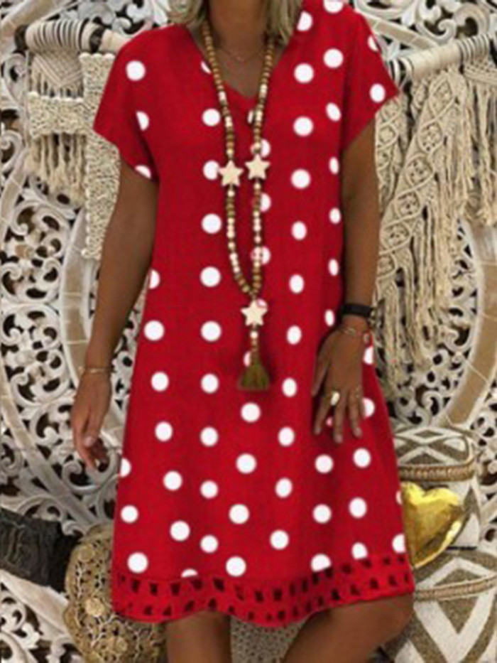 Women's Cotton Linen Casual Lace Polka Dot Comfort Dress