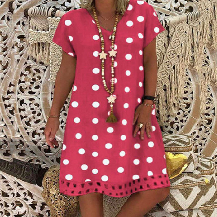 Women's Cotton Linen Casual Lace Polka Dot Comfort Dress