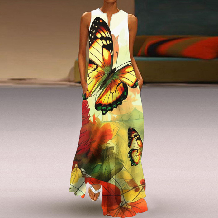 Summer Sexy Women's Printed V-neck Pocket Swing Casual Loose Maxi Dress