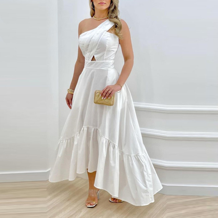 Summer Women's Solid Color Sexy Diagonal Neck Waist Ruffle Party  Maxi Dress
