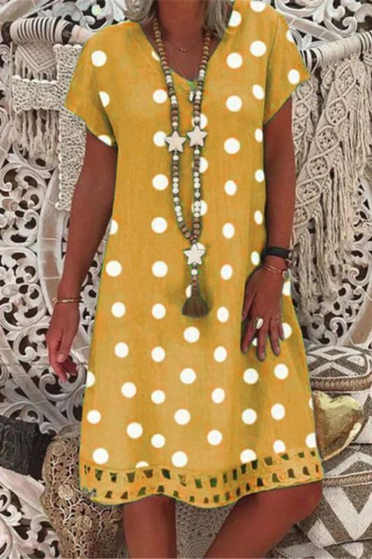Women's Cotton Linen Casual Lace Polka Dot Comfort Dress