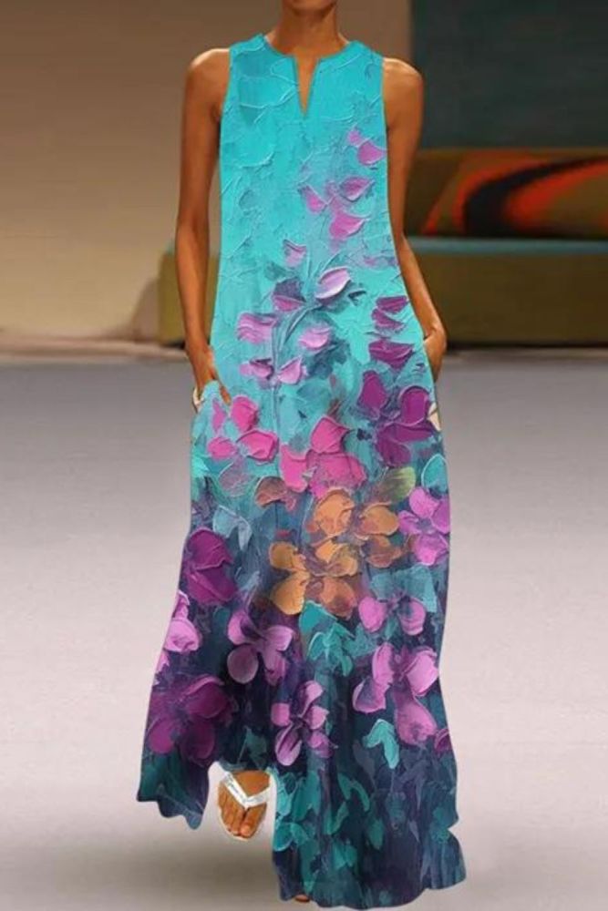 Summer Women's Sleeveless V-Neck Print Sexy Elegant Loose Party  Maxi Dress