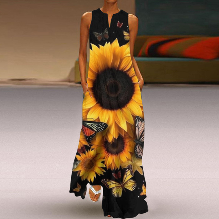 Summer Women's Sleeveless V-Neck Print Sexy Elegant Loose Party  Maxi Dress