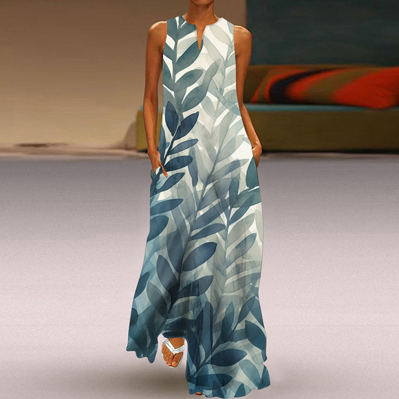 Summer Sexy Women's Printed V-neck Pocket Swing Casual Loose Maxi Dress
