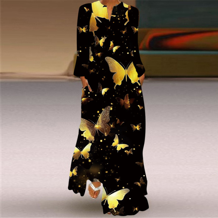 Fashion V Neck Long Sleeve Pocket Print Casual Loose Maxi Dress