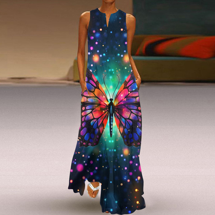 Summer Women's Sleeveless V-Neck Print Sexy Elegant Loose Party  Maxi Dress