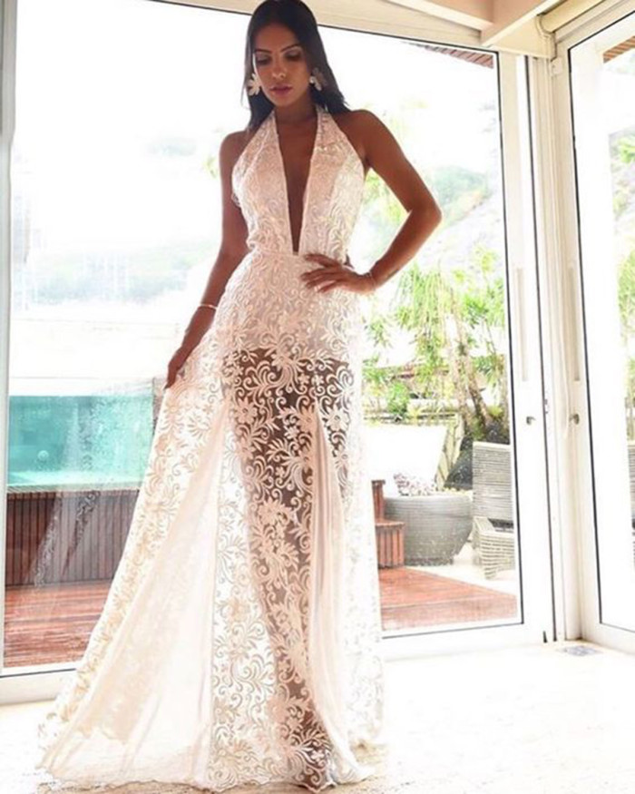 Sexy Sleeveless Halter Neck Backless Fashion Elegant Lace Maxi Dress