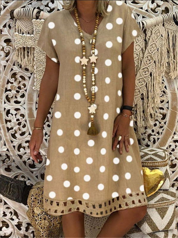 Women's Cotton Linen Casual Lace Polka Dot Comfort Dress