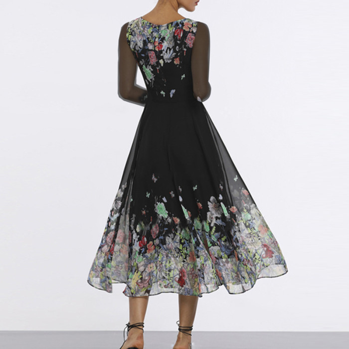 Summer Retro Elegant Black Mesh Long Sleeve See Through Floral Loose Dress