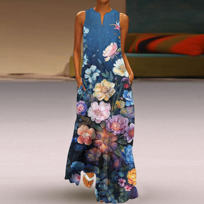 Summer Women's Sleeveless V-Neck Print Sexy Elegant Loose Party  Maxi Dress