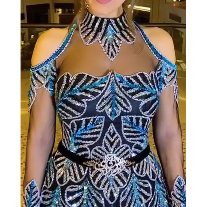 Women's Fashion Bronzing Leaves Swing Sexy Elegant Trailing Banquet Wedding Guest Dress