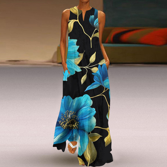 Summer Women's Sleeveless V-Neck Print Sexy Elegant Loose Party  Maxi Dress