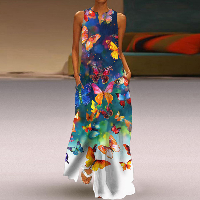 Summer Women's Sleeveless V-Neck Print Sexy Elegant Loose Party  Maxi Dress