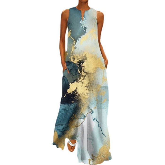Summer Sexy Women's Printed V-neck Pocket Swing Casual Loose Maxi Dress